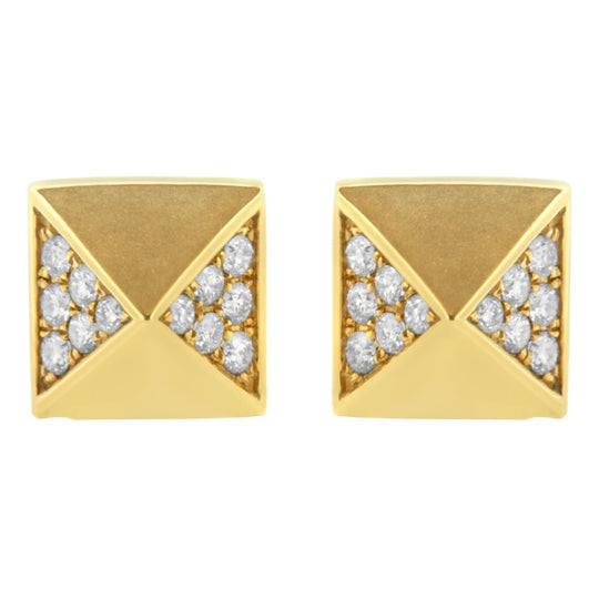 14K yellow gold pyramid stud earrings with round diamond accents
