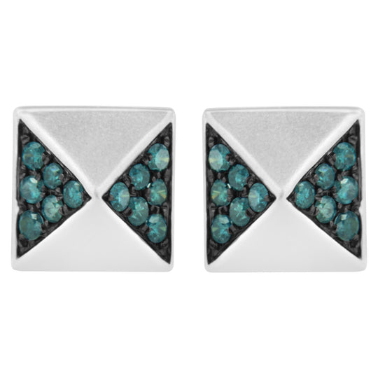 14K white gold pyramid stud earrings with treated blue diamond stones