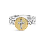 18K yellow gold cross ring with line-set diamonds and satin finish thumbnail 1