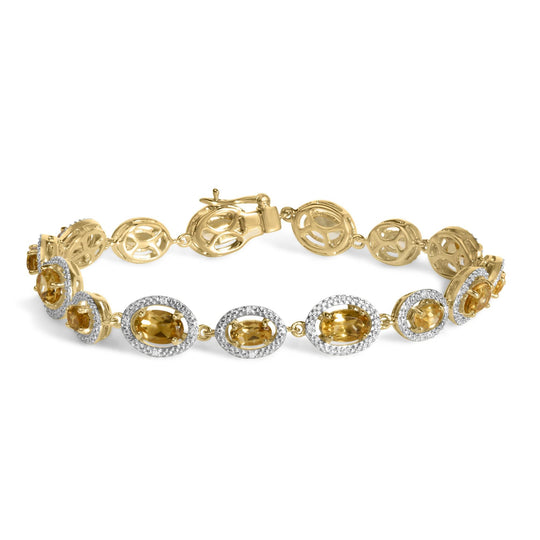 Gold Vermeil Oval Citrine and 1/10 Cttw Diamond Halo Link Bracelet