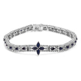 Sterling Silver Dark Blue Sapphire and Topaz Marquise Floral Art Deco Link Bracelet-0 thumbnail 1