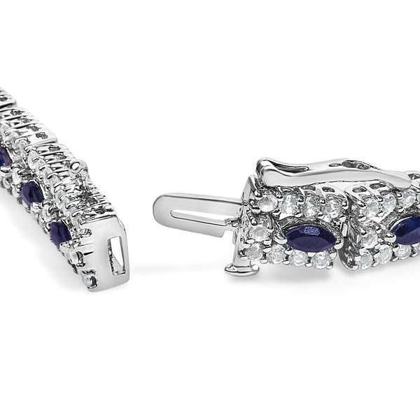 Sterling Silver Dark Blue Sapphire and Topaz Marquise Floral Art Deco Link Bracelet