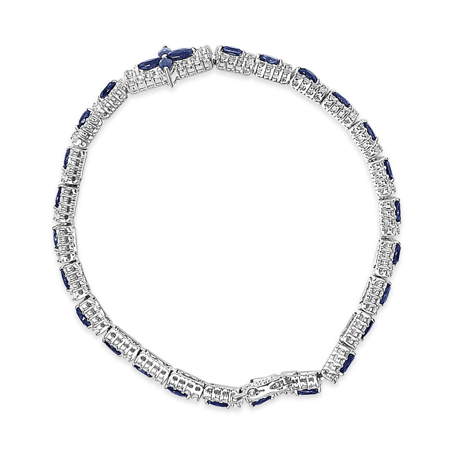 Sterling Silver Dark Blue Sapphire and Topaz Marquise Floral Art Deco Link Bracelet