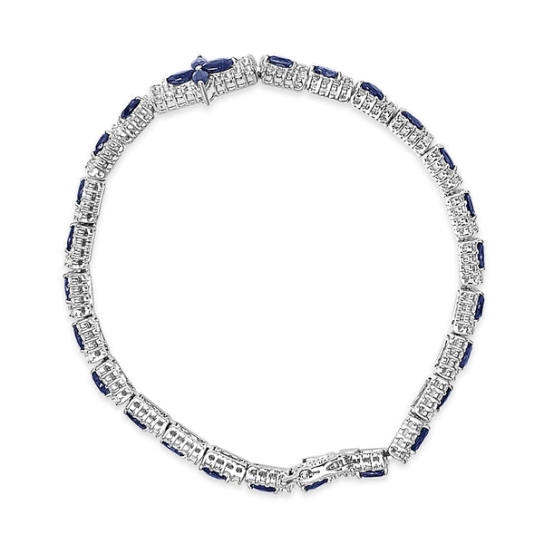 Sterling Silver Dark Blue Sapphire and Topaz Marquise Floral Art Deco Link Bracelet