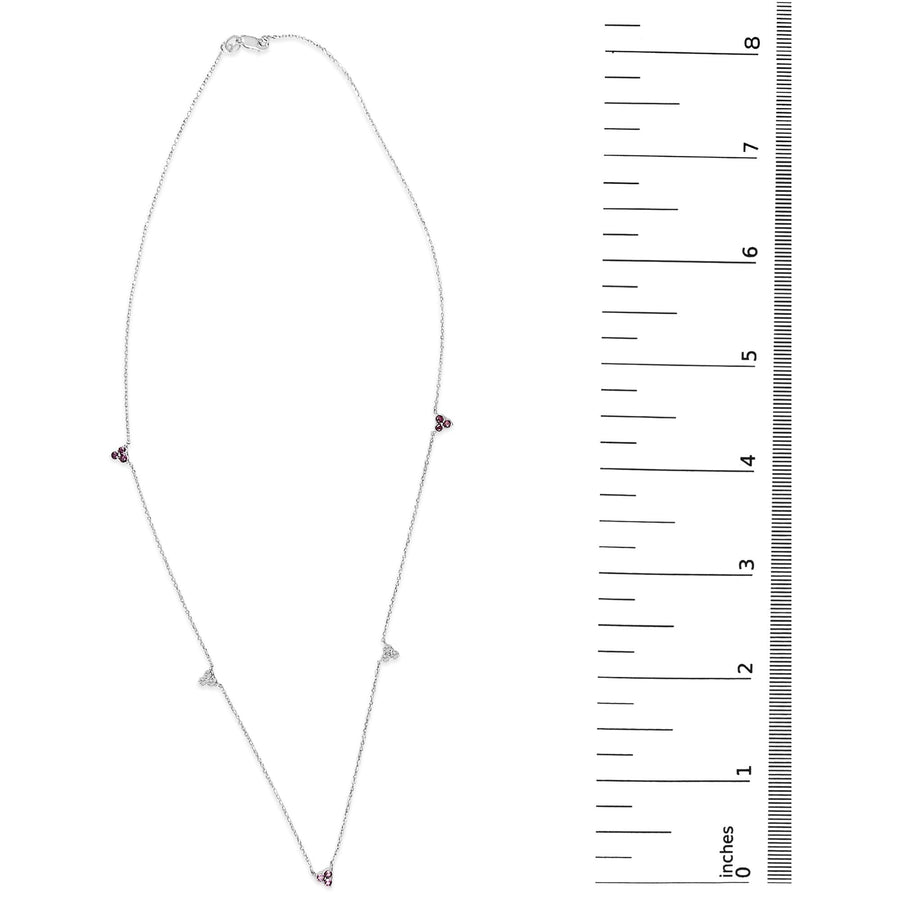 14K White Gold 1/5 Cttw Diamond and Ruby Tri Station Necklace
