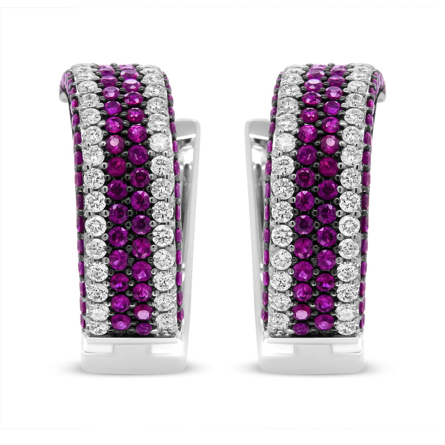 18K White Gold 1 7/8 Cttw Diamond and 1mm Round Red Ruby Open Swish Hoop Earrings (F-G Color, VS1-VS2 Clarity)