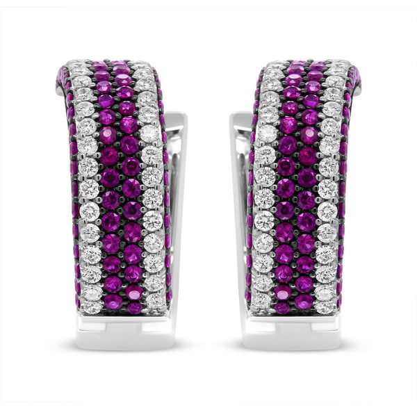 18K White Gold 1 7/8 Cttw Diamond and 1mm Round Red Ruby Open Swish Hoop Earrings (F-G Color, VS1-VS2 Clarity)