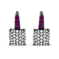 18K black rhodium white gold drop earrings with round diamonds and red rubies