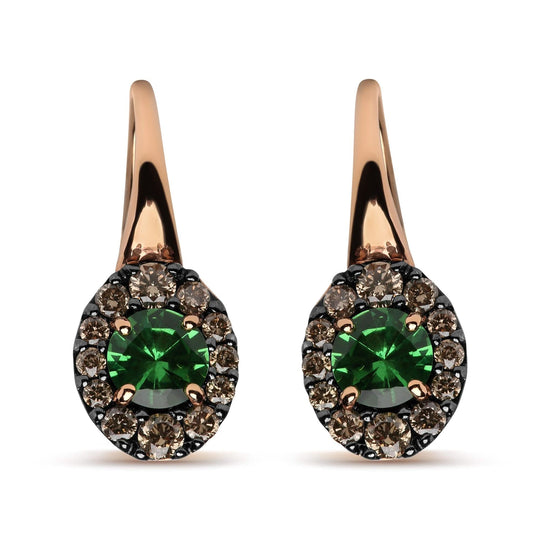 18K Rose and White Gold 3/8 Cttw Round Brown Diamonds and Round Green Tsavorite Gemstone Halo Drop Hoop Earrings (Brown Color, SI1-SI2 Clarity)-0