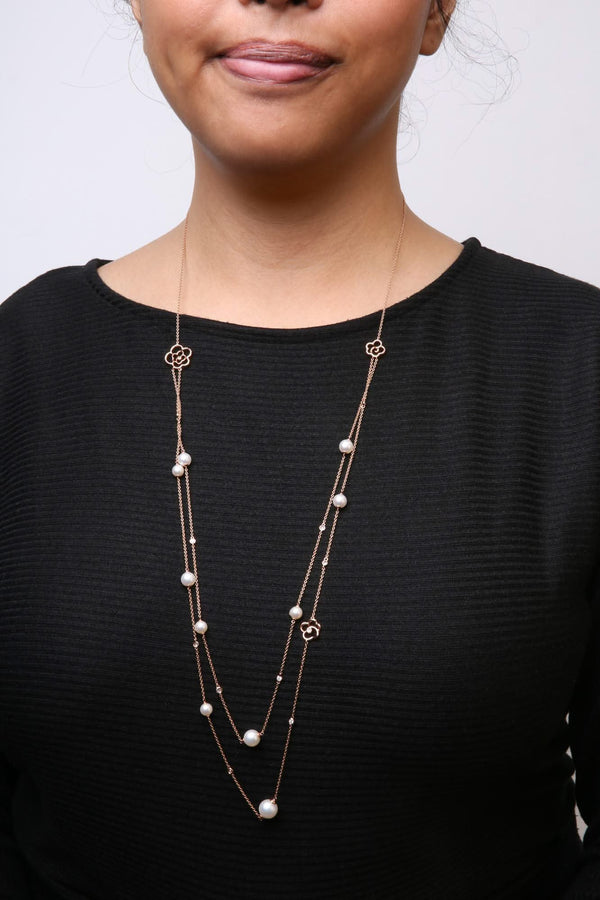 18K Rose Gold 1/2 Cttw Diamond and Freshwater Pearl Double Strand Station Necklace  (G-H Color, SI1-SI2 Clarity) - Adjustable up to 16