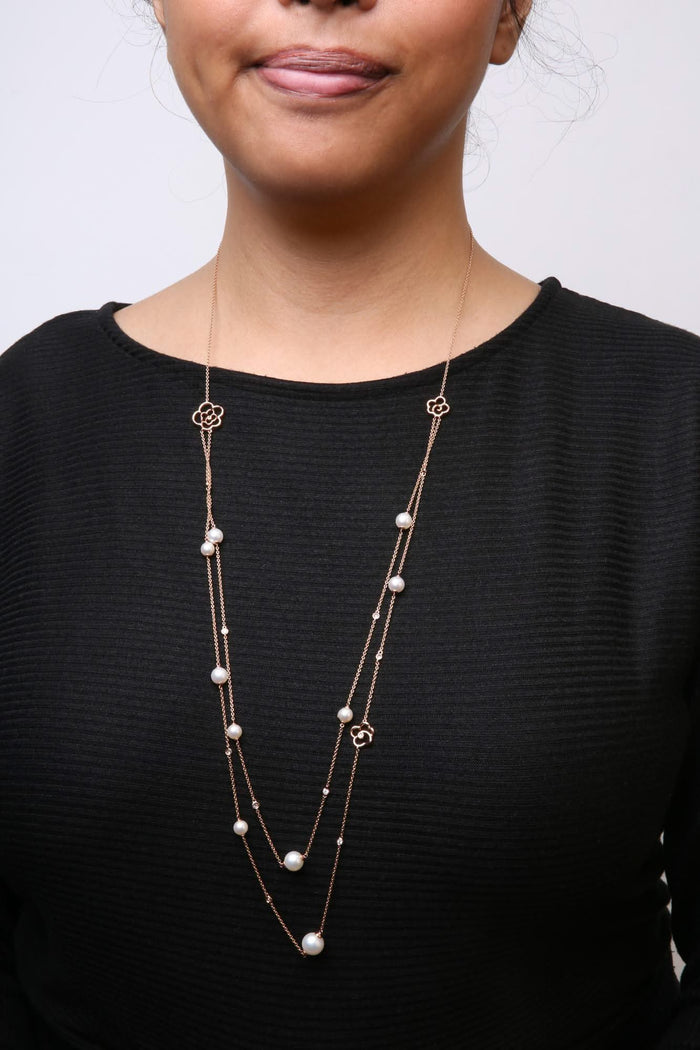 18K Rose Gold 1/2 Cttw Diamond and Freshwater Pearl Double Strand Station Necklace  (G-H Color, SI1-SI2 Clarity) - Adjustable up to 16