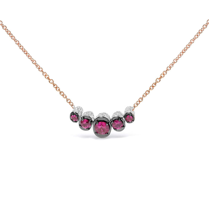 18K Rose Gold 3/4 Cttw Pave Diamonds and Graduated Red Ruby Gemstone Curved Bar Choker Necklace (G-H Color, SI1-SI2 Clarity) - Adjustable up to 14