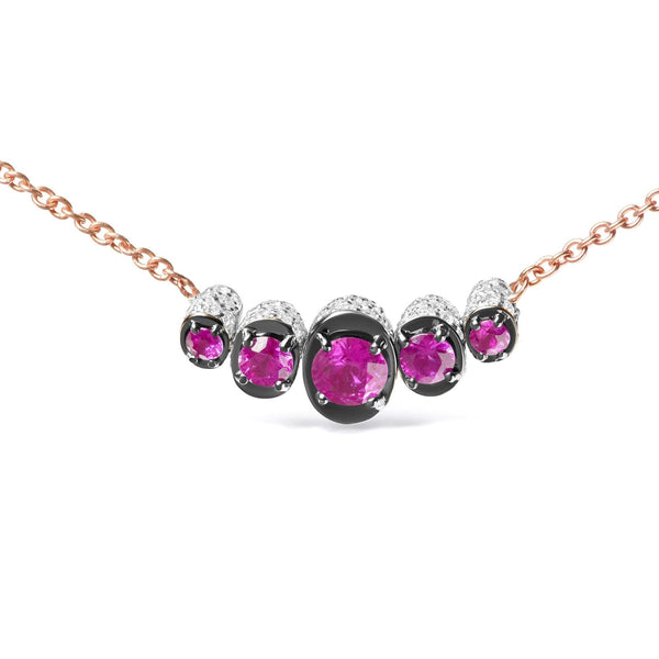 18K Rose Gold 3/4 Cttw Pave Diamonds and Graduated Red Ruby Gemstone Curved Bar Choker Necklace (G-H Color, SI1-SI2 Clarity) - Adjustable up to 14