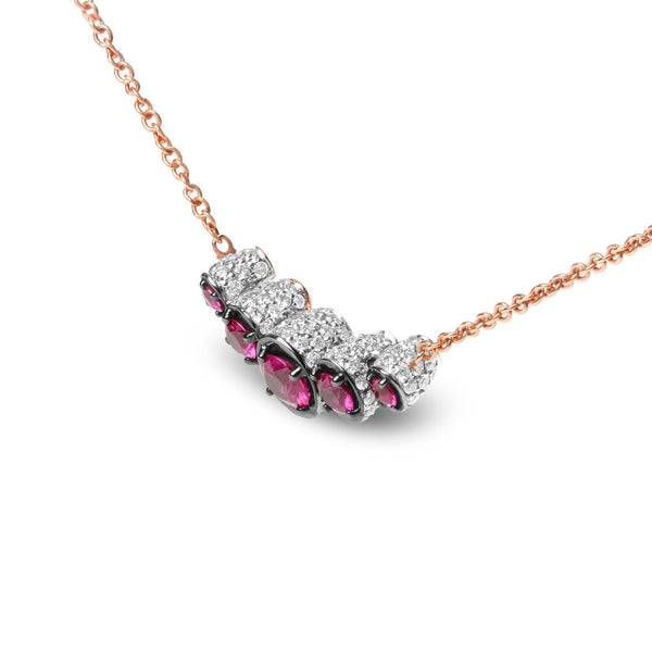 18K Rose Gold 3/4 Cttw Pave Diamonds and Graduated Red Ruby Gemstone Curved Bar Choker Necklace (G-H Color, SI1-SI2 Clarity) - Adjustable up to 14