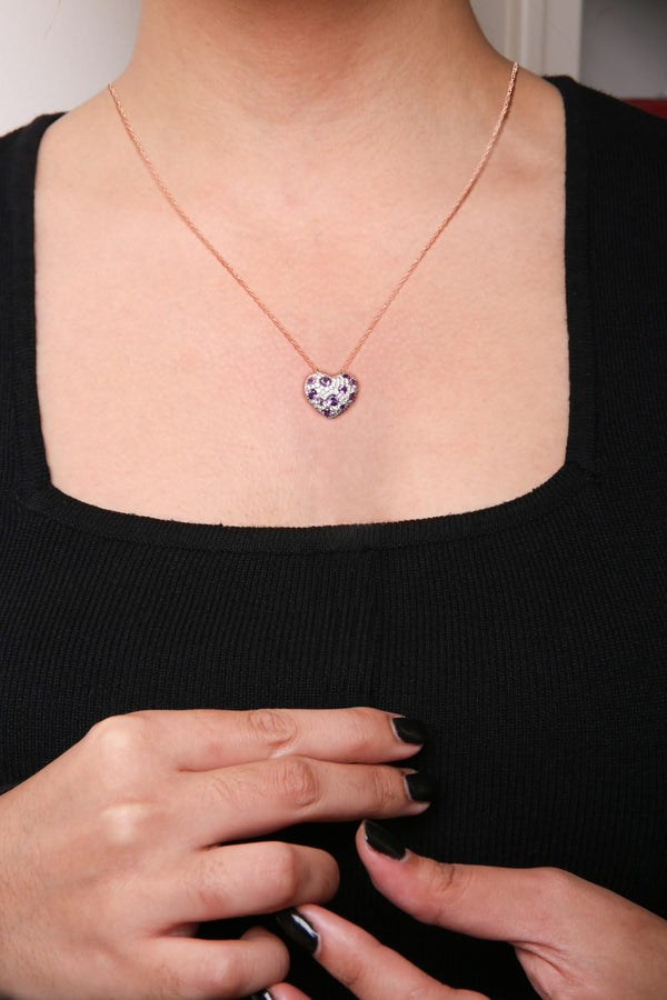 18K Rose Gold 3/4 Cttw Diamond and Purple Amethyst Cluster Heart Shape 18