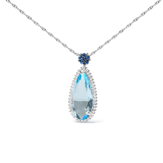 18K White Gold 3/8 Cttw Pave Set Diamond and Sky Blue Topaz and Blue Sapphire Gemstone Floral Teardrop Halo 18" Pendant Necklace (G-H Color, SI2-I1 Clarity)-0