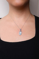18K White Gold 3/8 Cttw Pave Set Diamond and Sky Blue Topaz and Blue Sapphire Gemstone Floral Teardrop Halo 18