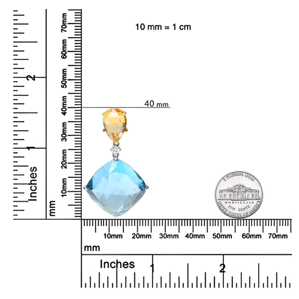 18K White and Yellow Gold Diamond Accent and Yellow Citrine and Sky Blue Topaz Gemstone Dangle Drop 18
