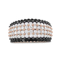 18K rose gold ring with 6 rows of black and white diamond stones