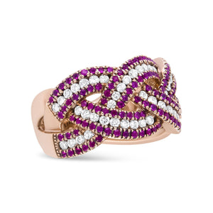 18K Rose Gold Red Ruby and 7/8 Cttw Diamond Woven Braided Band Ring (F-G Color, VS1-VS2 Clarity)-1