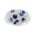 18K white gold ring with heart cluster diamonds and blue sapphire center