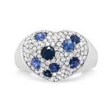 18K white gold ring with heart cluster diamonds and blue sapphire center thumbnail 1