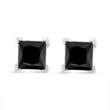 .925 Sterling Silver Princess-Cut Square Black Diamond Classic 4-Prong Stud Earrings with Screw Backs-0 thumbnail 1