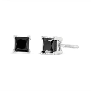 14K White Gold Princess-Cut Treated Black Diamond Classic 4-Prong Stud Earrings-1