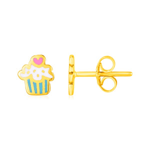 14k Yellow Gold and Enamel Cupcake Stud Earrings