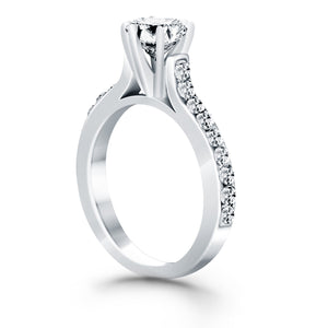 14k White Gold Curved Shank Engagement Ring with Pave Diamonds