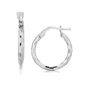 Sterling Silver Rhodium Plated Diamond Cut Small Hoop Earrings (15mm)