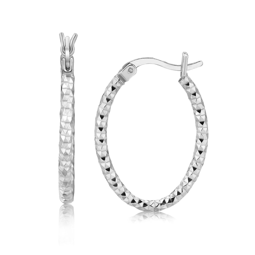 Sterling Silver Hoop Diamond Cut Texture Earrings with Rhodium Plating