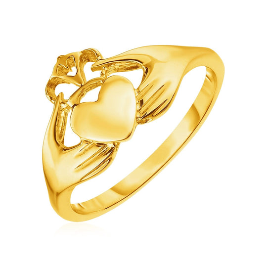 14K yellow gold Claddagh ring with carved hands, heart, and crown design