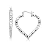 Sterling Silver Rhodium Plated Heart Style Hoop Diamond Cut Earrings thumbnail 1
