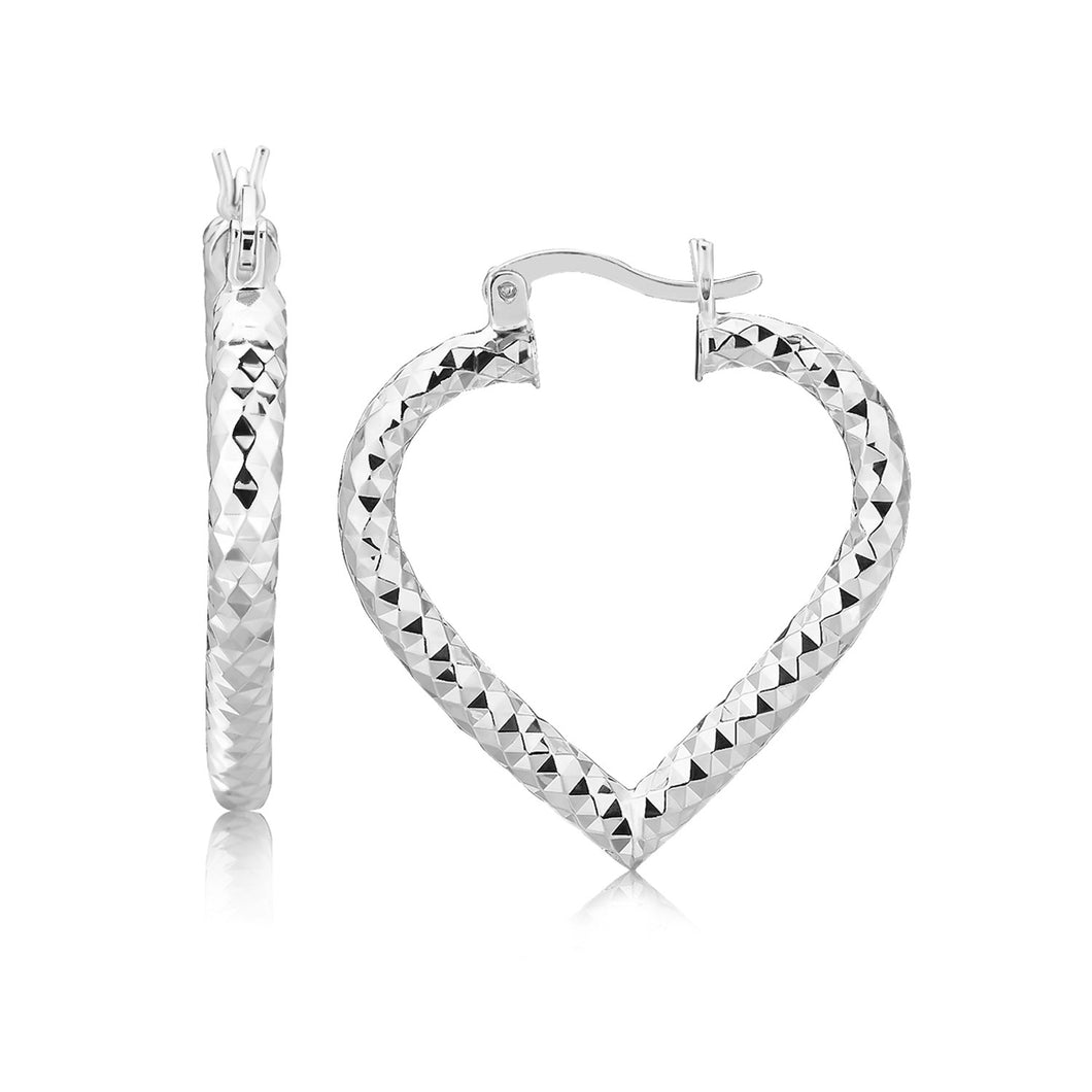 Sterling Silver Rhodium Plated Heart Style Hoop Diamond Cut Earrings