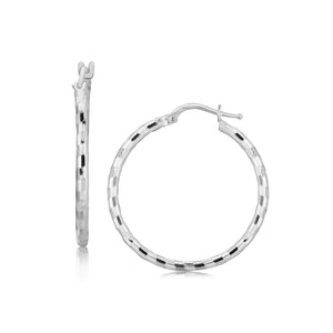 Sterling Silver Hoop Design Diamond Cut Earrings with Rhodium Plating (26mm)