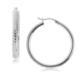 Sterling Silver Rhodium Plated Hoop Marquise Motif Diamond Cut  Earrings (30mm) thumbnail 2