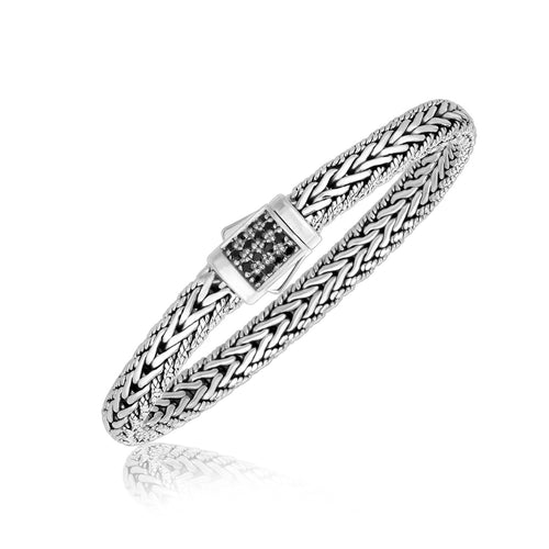 Sterling Silver Braided Style Men's Bracelet with Black Sapphire Accents