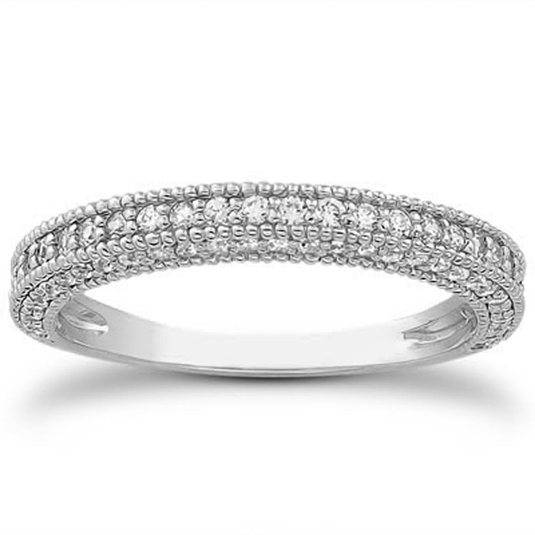 14k White Gold Fancy Pave Diamond Milgrain Textured Wedding Ring Band