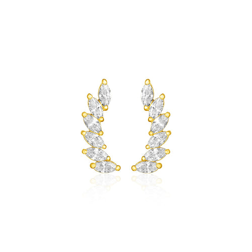 14k Yellow Gold Leaf Motif Climber Post Earrings with Marquise Cubic Zirconias