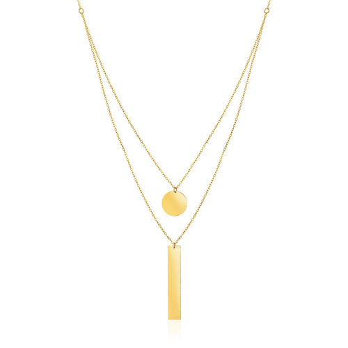 14k Yellow Gold 18 inch Two Strand Necklace with Circle and Bar Pendants