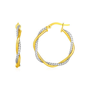 14k Yellow and White Gold Two Part Textured Twisted Round Hoop Earrings
