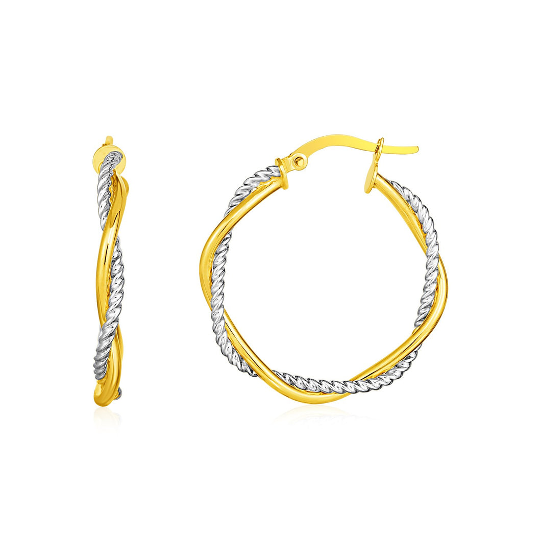 14k Yellow and White Gold Two Part Textured Twisted Round Hoop Earrings