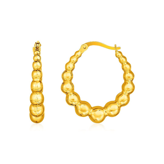 14K yellow gold graduated sphere hoop earrings with polished bead detail