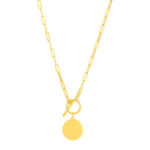 14k Yellow Gold Paperclip Chain Necklace with Circle Pendant