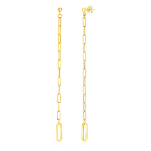 14k Yellow Gold Long Paperclip Chain Dangle Earrings