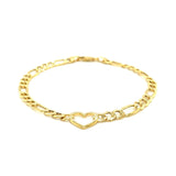 14k Yellow Gold 7 inch Figaro Chain Bracelet with Heart thumbnail 2