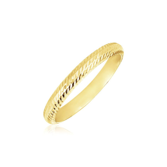 14K yellow gold textured comfort fit wedding band with rounded profile