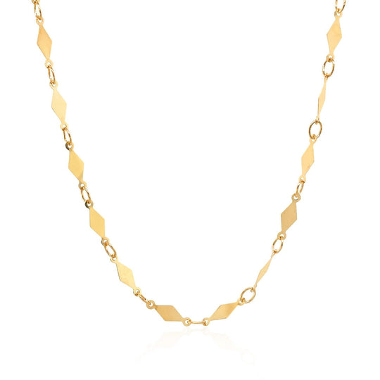 14K yellow gold chain with repeating diamond-shaped link motif at 3.0mm
