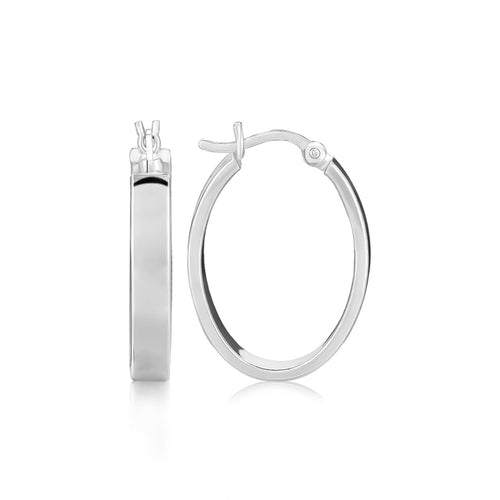 Sterling Silver Flat Style Oval Hoop Earrings with Rhodium Plating